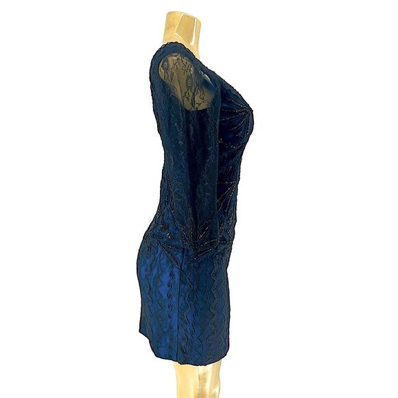Sue Wong 3/4 SLEEVE V-NECK BEADED ROYAL BLUE & BLACK LACE COCKTAIL DRESS SIZE 4 - Picture 5 of 15